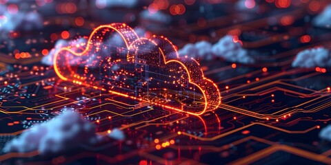 Poster - cloud computing concept with interconnected clouds and futuristic digital landscape