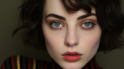 Wall Mural - Captivating gaze of a young woman with striking green eyes