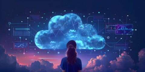 Poster - cloud computing and webinar series concept with futuristic night skyscape