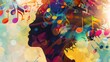 © Varunee - Silhouette of a woman's head with musical notes on a colorful background.