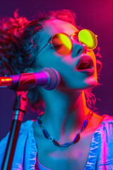 A Beautiful Woman In Glasses Singing Into A Microphone On Colorful Vibrant Neon Lights