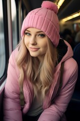 Sticker - young woman in pink winter coat and hat smiling