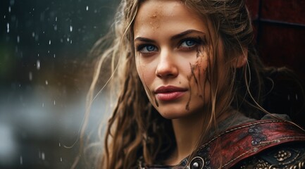 Poster - Fierce warrior woman in the rain