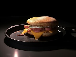 Wall Mural - Delicious cheeseburger with bacon on a black plate