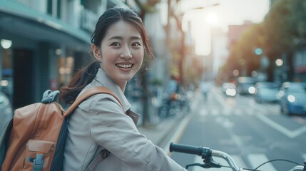 Happy Asian businesswoman riding bicycle go to work at office. Generated AI image