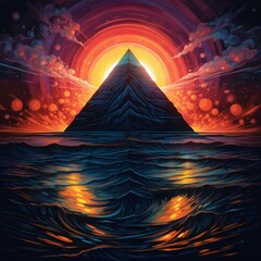 Poster - Vibrant cosmic landscape with glowing mountain and ocean