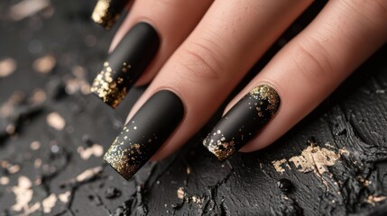 Holiday manicure on long square nails with Golden sequins, black shiny nail Polish and craquelure matte black coating., --ar 16:9