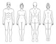 © Marina Storm - Man and Woman body front and back view vector illustration. Isolated outline line contour template human body different gender without clothes. Anatomy of healthy male and female body shapes. Figure