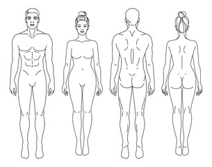 man and woman body front and back view vector illustration. isolated outline line contour template h