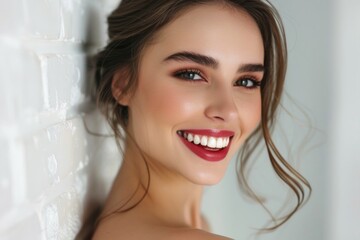 Cosmetic Smile. Glamour Portrait of Young Woman with Bold Lipstick and Beautiful Smile