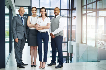 Poster - Portrait, smile and business people in modern office, teamwork and cooperation with legal aid. Full body, startup or group with collaboration, lawyer or corporate with professional, happy or attorney