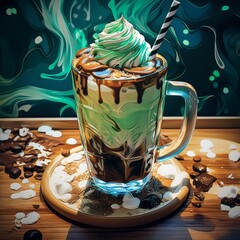 Wall Mural - Delicious milkshake with whipped cream and chocolate drizzle