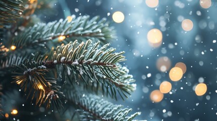Wall Mural - winter background green pine spruce branches in the snow. snowy in bokeh lights defocused