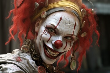 Wall Mural - Creepy clown with red hair and makeup