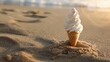 A cone of ice cream protrudes from the sandy landscape on the beach, surrounded by water and wind waves, creating a picturesque horizon AIG50