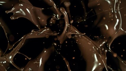 Poster - Super Slow Motion of Falling Group of Chocolate Chunks. Moving Down and Splashing into Melted Chocolate. Filmed on High Speed Cinema Camera, 1000fps.