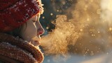 Fototapeta  - Close-up of a person breathing out warm air that turns into frost in cold weather