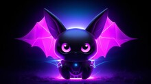 Cute Purple Bat With Big Eyes And Pink Wings.