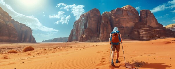 explorer hiking in the desert of saudi arabia