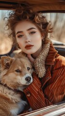 Wall Mural - vintage young female in formal clothes with makeup sitting with adorable dog in old fashioned car at daylight