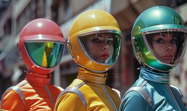 group of three science fiction actors on set of a cheesy television show or movie in the 1970s. colo