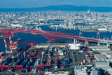 Fototapeta Dmuchawce - Osaka cityscape with Skyline and office building  and Logistic import and export containers and  crane bridge working at industrial delivery port warehouse for transport logistics oveasea