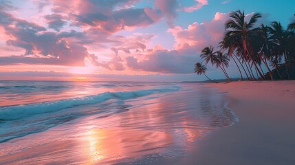 Sticker - At sunset, a tropical beach, the sky painted in hues of pink and orange, with palm trees swaying gently, waves lapping at the sandy shore, creating a tranquil atmosphere.