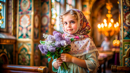 Sticker - Girl with lilac in christian church