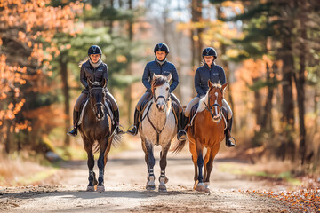 three horsewomen enjoy riding beautiful horses, side by side along the trail at the equestrian cente