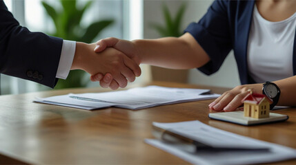 Estate agent and customer shaking hands after finished contract after about home insurance and investment loan