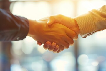 Poster - Business handshake, successful deal between businessman and woman, teamwork in corporate office, professional partnership. Communication and trust in team, executive agreement with