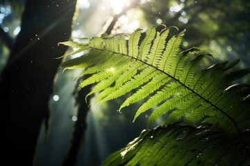 Wall Mural - Fern in a rainforest with sunlight filtering through the canopy.