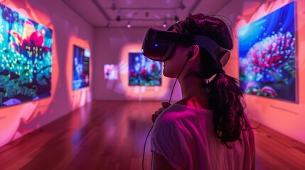 Poster - Woman in VR headset, gaming with advanced technology, virtual reality glasses. Modern device simulates digital world, bringing fun, interactive gaming to life in vivid display.