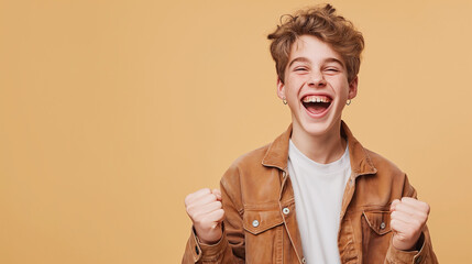 Young happy very excited funny teenage boy in casual clothes do winner gesture clenching his fists celebrating success isolated on studio beige background with copy space. People emotions concept