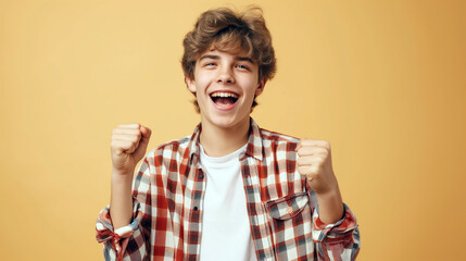 Young happy very excited funny teenage boy in casual clothes do winner gesture clenching his fists celebrating success isolated on studio beige background with copy space. People emotions concept