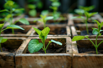 Green young seedlings in wooden plants pots