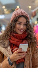 Poster - Young happy woman using mobile phone while buying in shopping mall