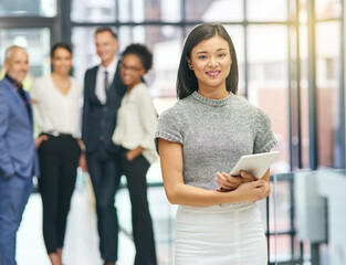 Poster - Portrait, Asian woman and tablet in office for corporate, teamwork and admin in city with diversity. Female paralegal, technology and internship in workplace for communication, schedule and email