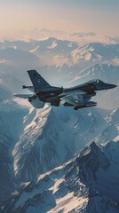 Canvas Print - F-16 patrolling a snow-covered mountain range, sunlight reflecting off the icy peaks