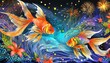 華麗な金魚と花火、百合と共に夏の香りを届ける透き通るような色彩豊かなイラスト、夜空の壁紙とグラデーション  generated by AI