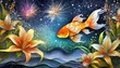 華麗な金魚と花火、百合と共に夏の香りを届ける透き通るような色彩豊かなイラスト、夜空の壁紙とグラデーション  generated by AI