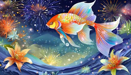 Wall Mural - 華麗な金魚と花火、百合と共に夏の香りを届ける透き通るような色彩豊かなイラスト、夜空の壁紙とグラデーション  generated by AI