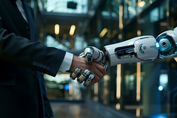 Aufkleber - Cyborg and human handshake, a symbol of merging technology and personal connections. Futuristic robot and businessman illustrate advanced AI, automation, and cybernetic partnership
