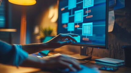 Software developer working at night, illuminated by screen light in a dark room, concept of technology, innovation, and programming
