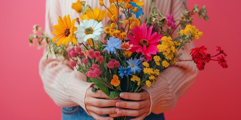 Canvas Print - Crop anonymous person demonstrating bunch of colorful flowers against pink background.