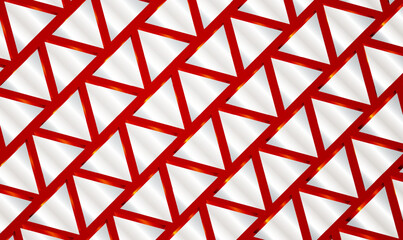 Poster - Abstract mosaic background of shiny mirrored triangle tiles on red background. 3D silver white geometric pattern. Shiny design for cover, invitation card, packaging and textile printing. Vector EPS10.