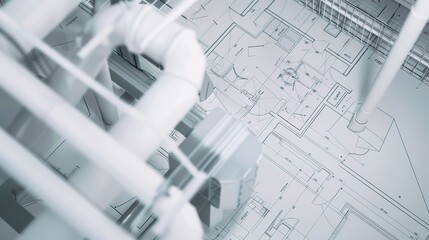 Poster - HVAC system plan on blueprint close-up, ductwork routing, bright office light 