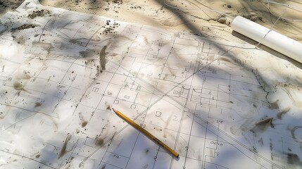 Poster - foundation blueprint, concrete footing details close-up, sharp pencil notes, clear daylight