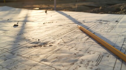 Wall Mural - Foundation blueprint, concrete footing details close-up, sharp pencil notes, clear daylight 