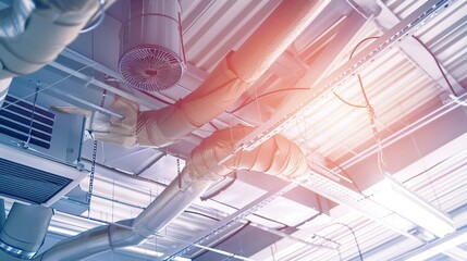 Poster - HVAC system plan on blueprint close-up, ductwork routing, bright office light 
